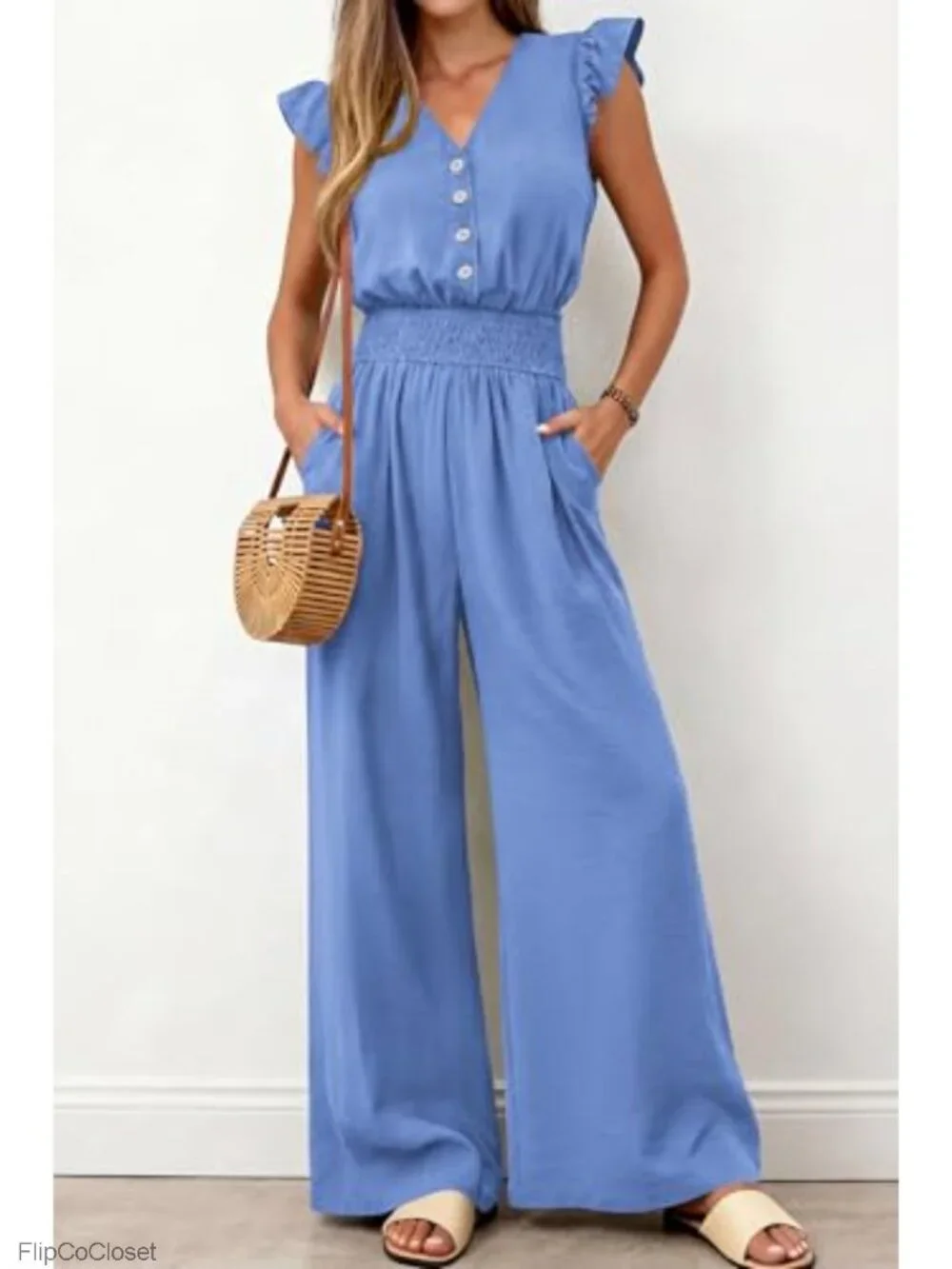 Womens Ruffle Cap Sleeve V Neck Button Smocked Wide Leg Jumpsuit Romper